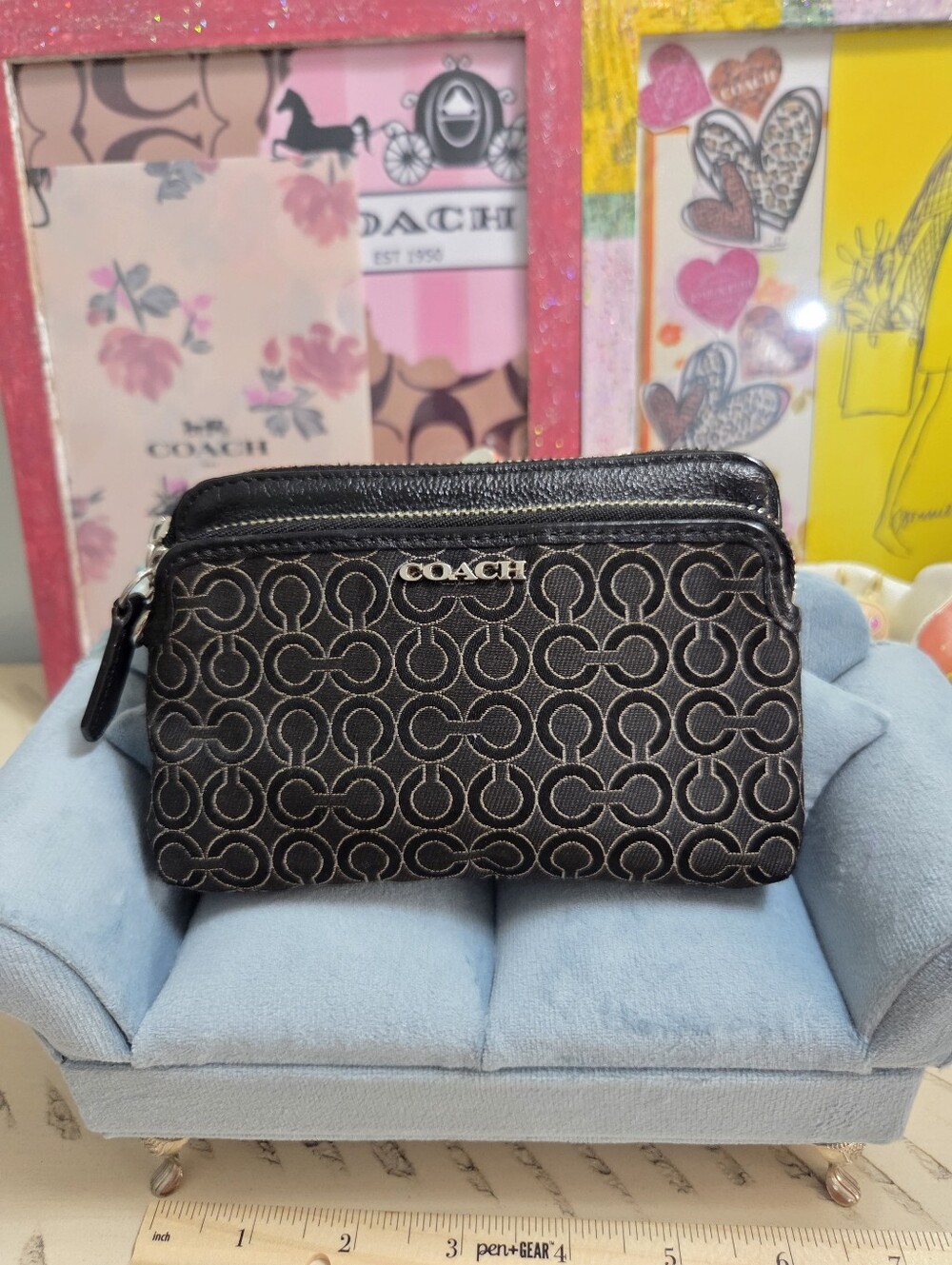Coach Madison Needlepoint Op Art Double Zip Wallet Black - No Strap, EUC